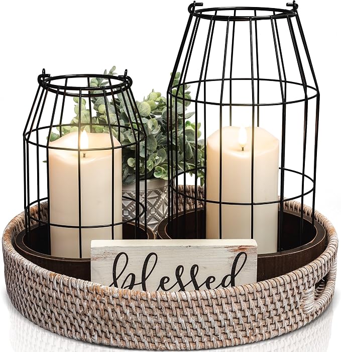 Rustic Farmhouse Lantern Decor Set of 2 by KIBAGA