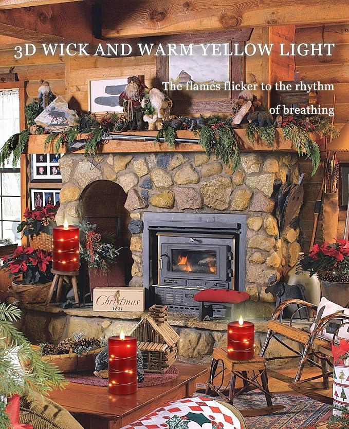 Red Flameless Candles with String Lights Battery Operated LED Pillar Candles - Image 3