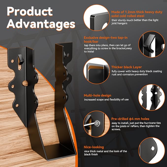 25 Pcs Black 2x6 Joist Hangers for Wood, 18 Gauge Rafter Brackets, face Mount - Image 2
