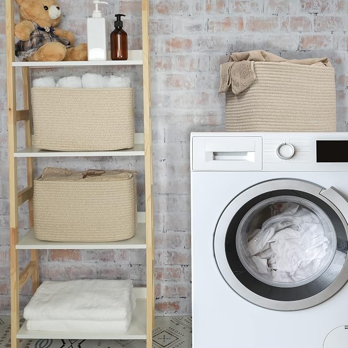 XUANGUO Woven Cotton Rope Storage Baskets 15x10x9.3" 3 Pack Oatmeal | - Image 5