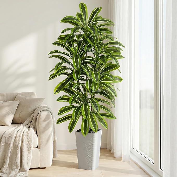 Artificial Dracaena Tree: 5FT Fake Plants Silk Faux Trees（White Pot） | - Image 7