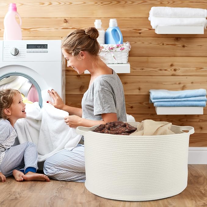 XUANGUO Extra Large Cotton Rope Round Storage Basket 22" x 14" White | Woven - Image 4