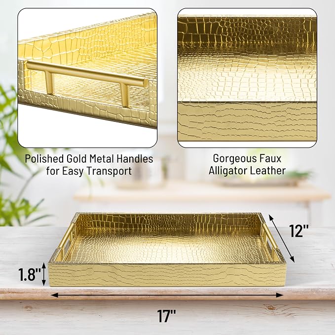 ATZYmolin 17"x12" Leather Serving Tray, Polished Metal Handles, Coffee Table - Image 2