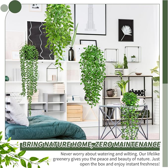 Palonu 4 Pack Faux Artificial Hanging Plants, UV Resistant Fake Potted Greenery - Image 5