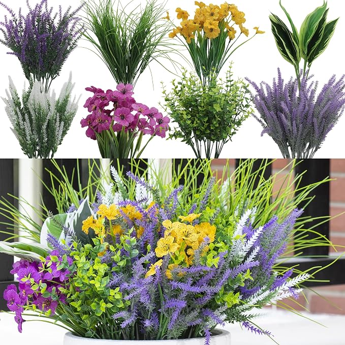 25PCS Artificial Plants Outdoor, Faux Lavender Flower Greenery Stem Outside | by GreenMoon