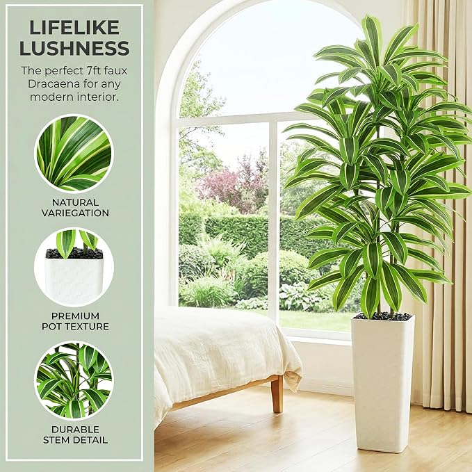 Artificial Dracaena Tree: 7FT Fake Plants Silk Faux Trees（White Pot） | - Image 3