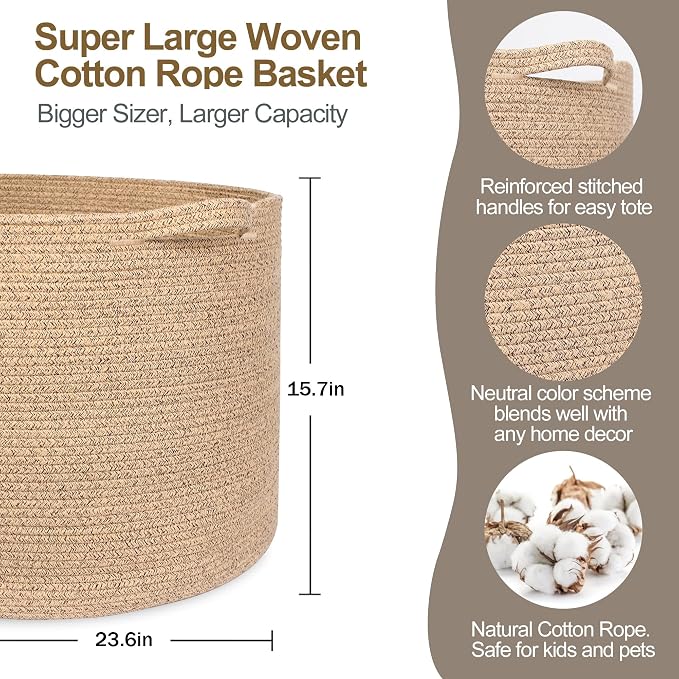 115L Extra Large Storage Basket, 23.6"x15.7" Woven Cotton Rope Basket, Giant - Image 2