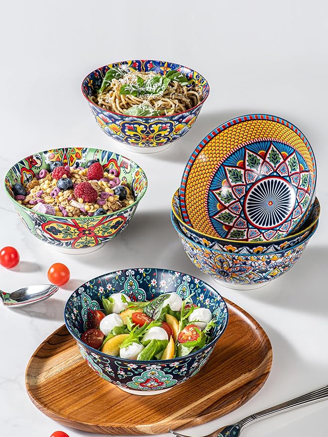 HENXFEN LEAD Boho Ceramic Cereal & Soup Bowls Set of 6, 24 oz | Assorted - Image 3