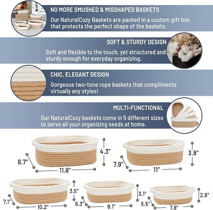 NaturalCozy 5-Piece Rectangle Storage Basket Set- Natural Cotton Rope Woven - Image 2