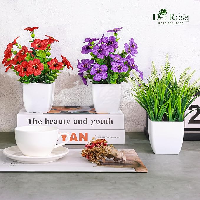 Der Rose 4 Pack Small Artificial Flowers in White Pots, Spring Home Decor | - Image 2