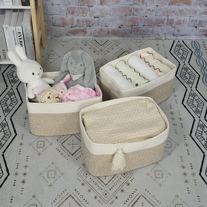 XUANGUO Woven Cotton Rope Storage Baskets 15x10x9.3" 3 Pack White and Brown | - Image 4