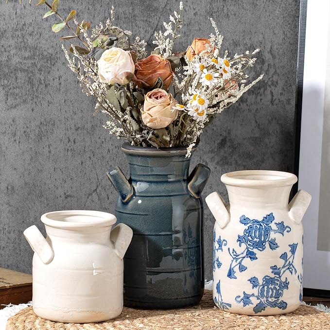 Ceramic Vase Set of 3 with Two Handles, Versatile as Table Centerpiece or by Unknown