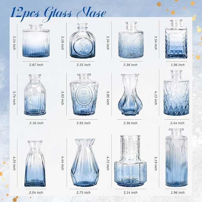 Der Rose 12pcs Glass Bud Vases, intricate textured glass, charming vintage style - Image 3