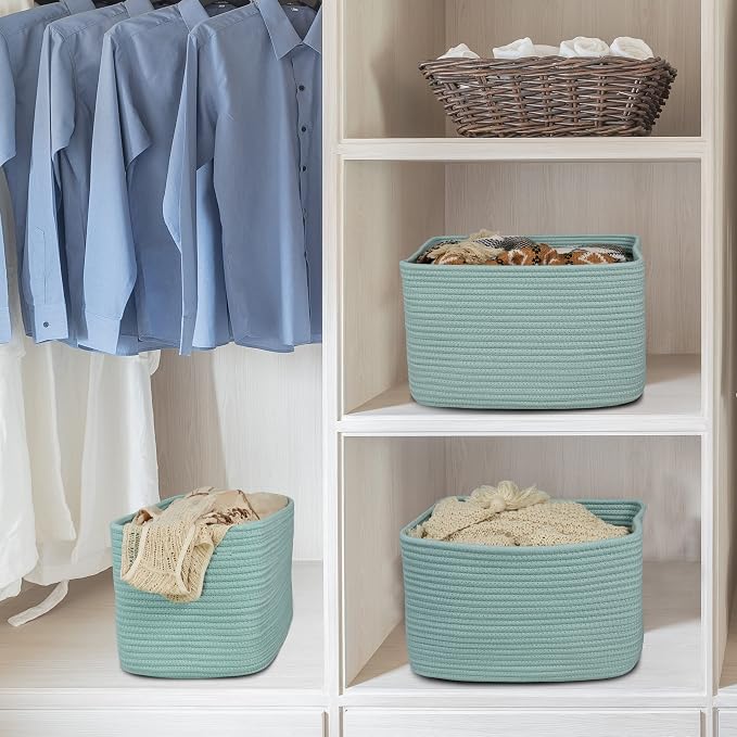 XUANGUO Woven Cotton Rope Storage Baskets 15x10x9.3" 3 Pack Green | Decorative - Image 6