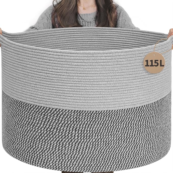 INDRESSME 115L Extra Large Woven Rope Blanket Basket Living Room, bedroom or by INDRESSME