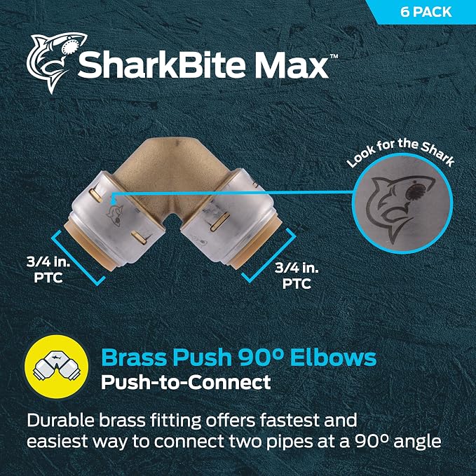 SharkBite Max 3/4 x 3/4 in PTC 90-Degree Elbow, Push-to-Connect Brass Plumbing - Image 2