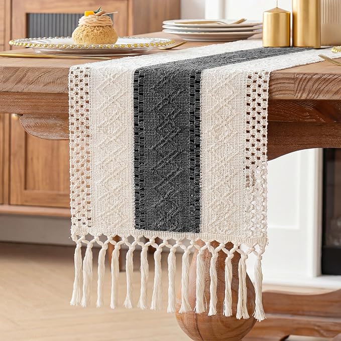 Boho Table Runner with Tassels for Home Decor 12x72 Inches Grey | 72 Inches - Image 8