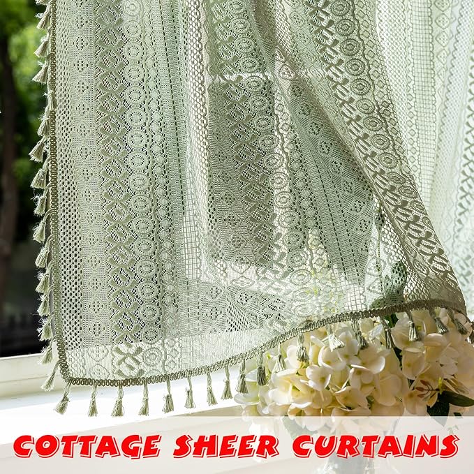 Sutuo Home Sage Green Sheer Boho Kitchen Curtains 2 Panels 54 inches Long | - Image 5