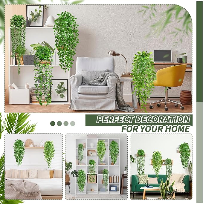 Palonu 4 Pack Faux Artificial Hanging Plants, UV Resistant Fake Potted Greenery - Image 4