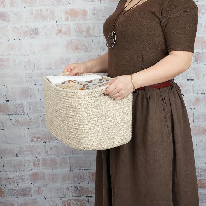 XUANGUO Woven Cotton Rope Storage Baskets 15x10x9.3" 3 Pack Oatmeal | - Image 2