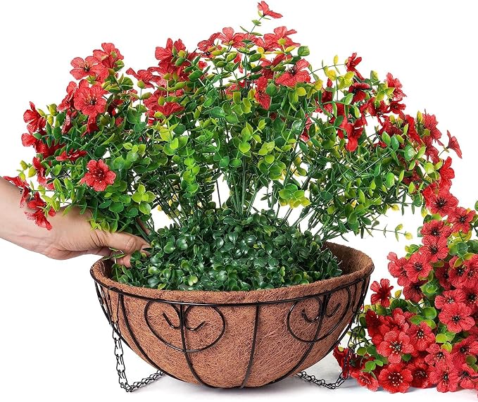 Artificial Fake Hanging Red Plants Flowers Basket - Image 5