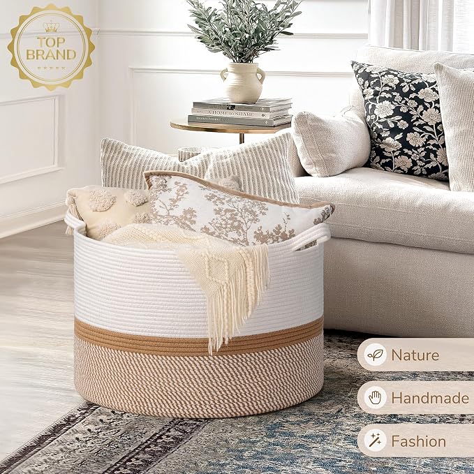 INDRESSME XXXLarge Woven Rope Blanket Basket Living Room White Camel, 90L | - Image 7