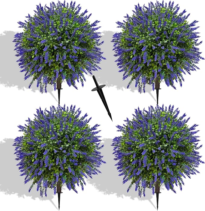 22'' Artificial Lavender Boxwood Topiary Ball Trees, Lifelike Outdoor Plant by NSOPB