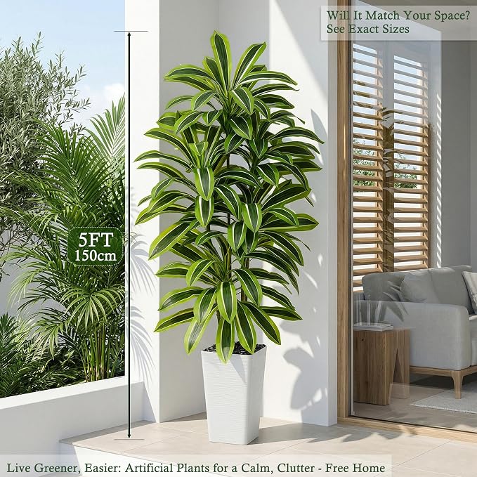 Artificial Dracaena Tree: 5FT Fake Plants Silk Faux Trees（White Pot） | - Image 2