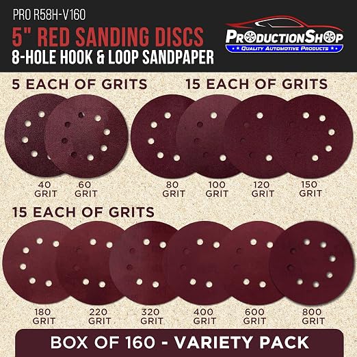 ProductionShop 5" Red 8-Hole Pattern Sanding Discs, 160 Disc Variety Pack - Image 2