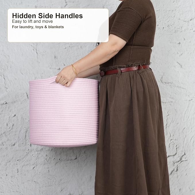 XUANGUO Cotton Rope Basket For Girls Kids 16”X14” pink | Baby Laundry Baskets - Image 3