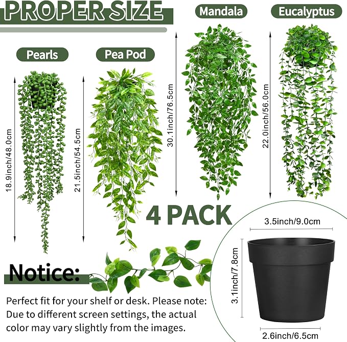 Palonu 4 Pack Faux Artificial Hanging Plants, UV Resistant Fake Potted Greenery - Image 2