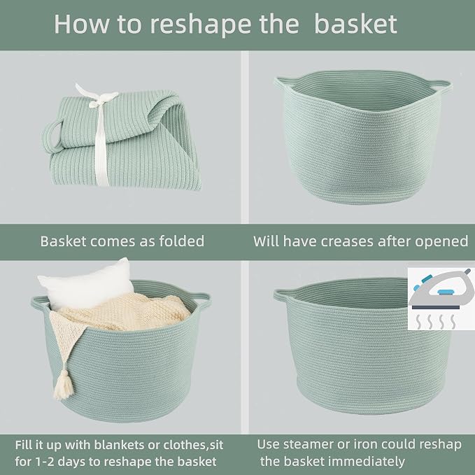 XUANGUO Extra Large Cotton Rope Round Storage Basket 22" x 14" Light Green | - Image 7