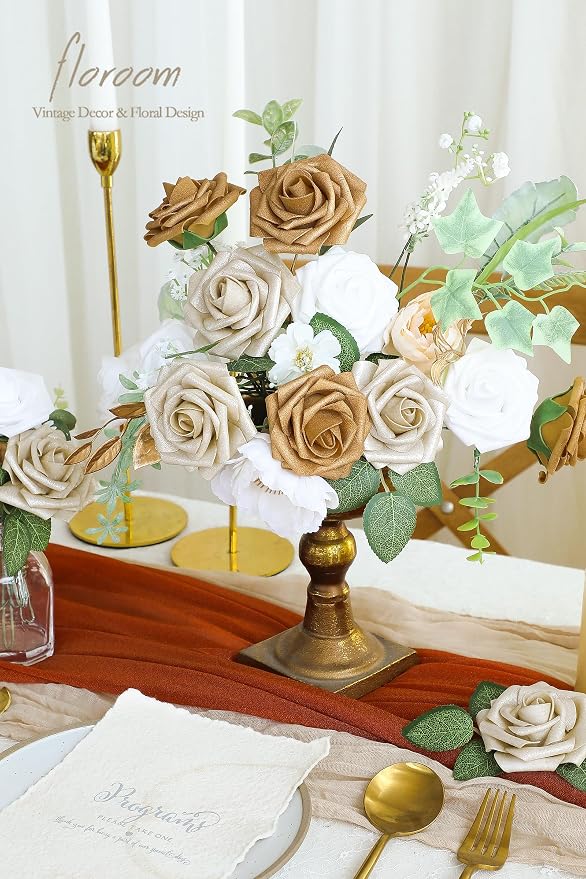Artificial Flowers 25pcs Real Looking Gold & Champagne Gold Foam Fake Roses - Image 2