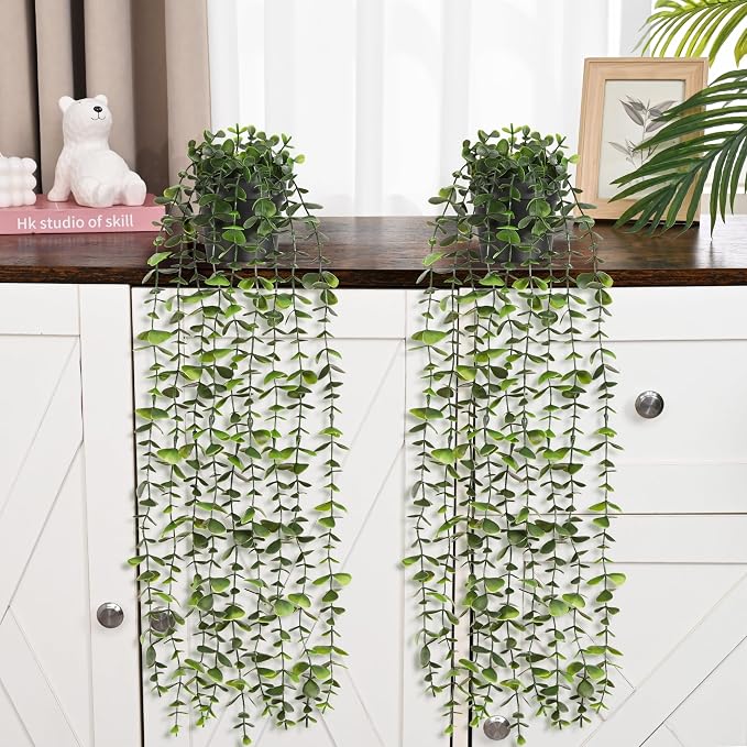 2Pcs Fake Hanging Plants with Pot, Potted Faux Eucalyptus | Fake Vines Ivy - Image 3