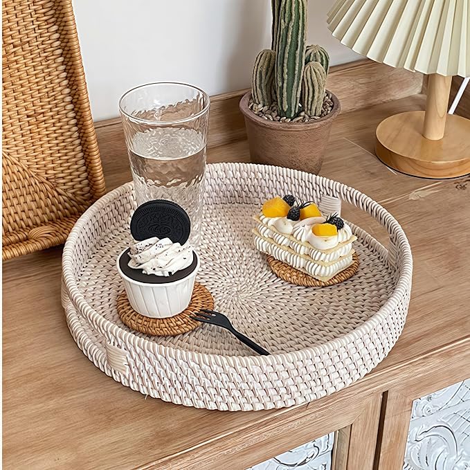 14" Round Rattan Tray, Hand Woven Serving Tray - Image 6