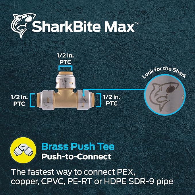 SharkBite Max 1/2 Inch Tee, Push to Connect Brass Plumbing Fitting, PEX Pipe - Image 2
