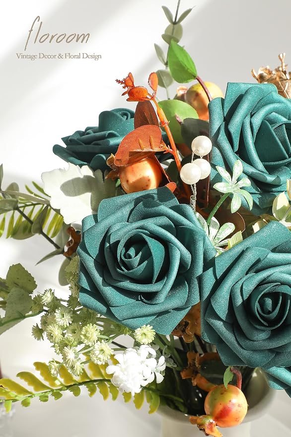 Artificial Flowers 25pcs Real Looking Dark Teal Foam Fake Roses - Image 3