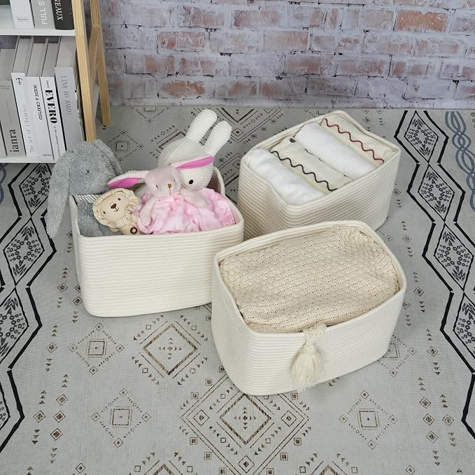 XUANGUO Woven Cotton Rope Storage Baskets 15x10x9.3" 3 Pack White | Decorative - Image 4