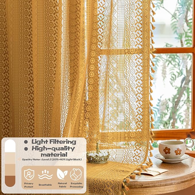 Sutuo Home Gold Lace Boho Curtains 2 Panels - Image 4