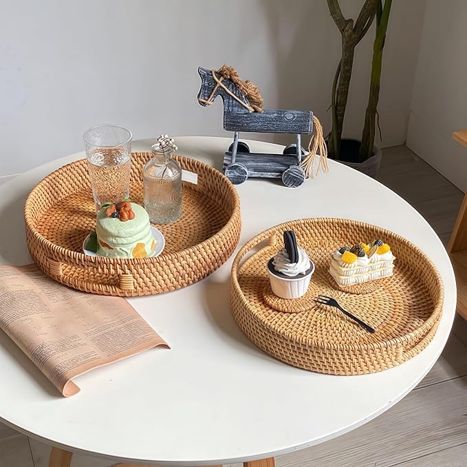 14" Round Rattan Tray, Hand Woven Serving Tray - Image 6