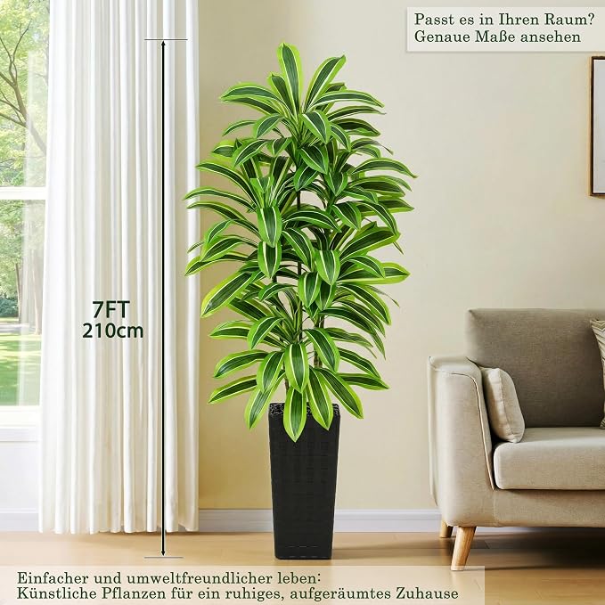 Artificial Dracaena Tree: 7FT Fake Plants Silk Faux Trees（Black Pot） | - Image 3