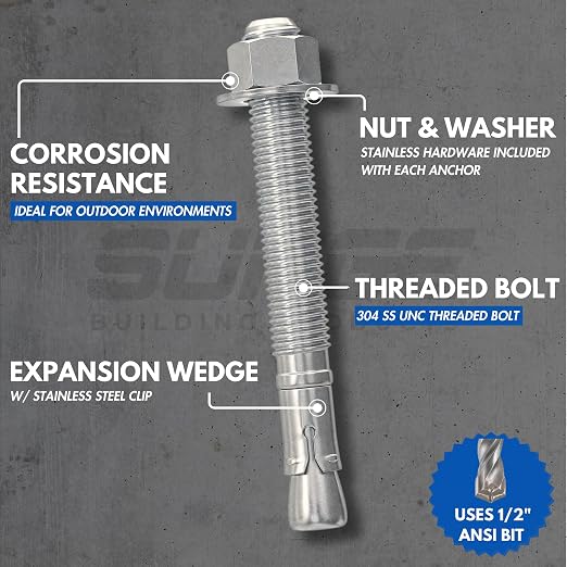 1/2" X 4-1/2" 304 Stainless Steel Wedge Anchors - Image 3