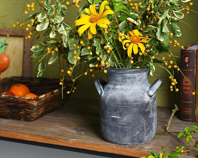 Quoowiit Ceramic Rustic Farmhouse Vase, Distressed Decorative Flower Vases - Image 3