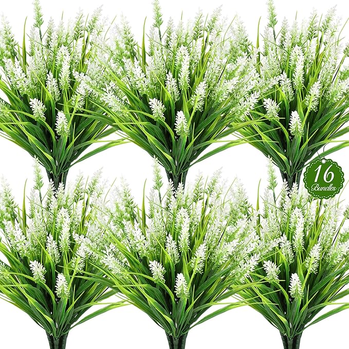 16PCS Artificial Flowers Outdoor, Fake White Monkey Grass Plants | UV Resistant by AmberFun