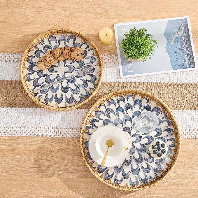 Round Rattan Tray with Mother of Pearl Inlay, Rattan Serving Tray with Wooden - Image 2