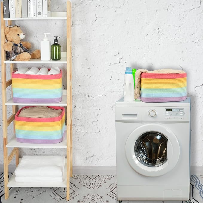 XUANGUO Woven Cotton Rope Storage Baskets 15x10x9.3" 3 Pack Rainbow | Colorful - Image 5