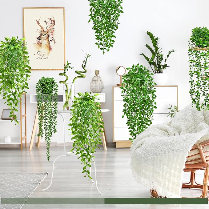 Palonu 4 Pack Faux Artificial Hanging Plants, UV Resistant Fake Potted Greenery - Image 6