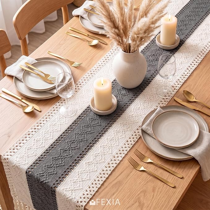 Boho Table Runner with Tassels for Home Decor 12x72 Inches Grey | 72 Inches - Image 4