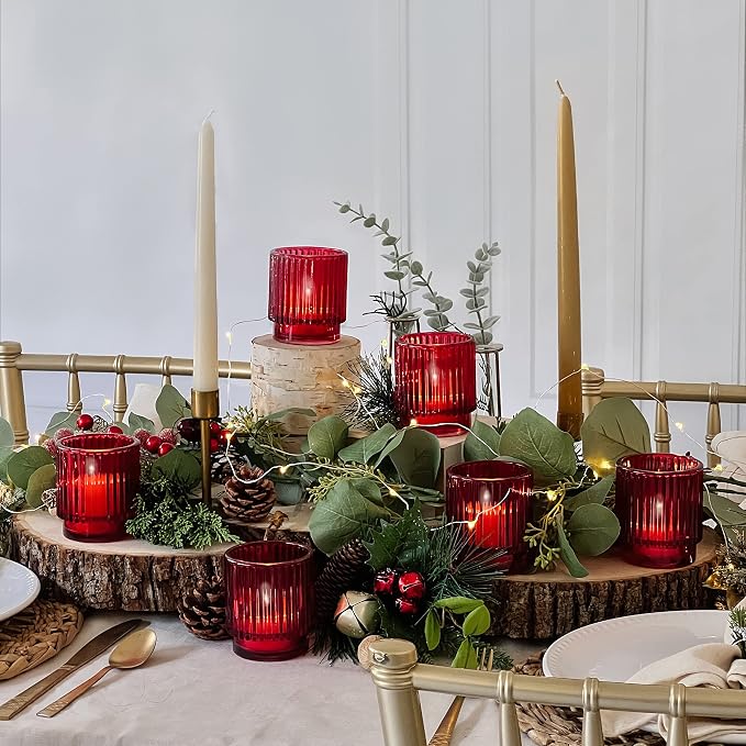 Kate Aspen Vintage Ribbed Red Glass Candle Holders Set of 6 - Image 3