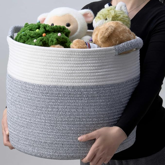 Blanket Basket for Living Room, Woven Rope Storage Basket | 16"D x 14"H | White - Image 4